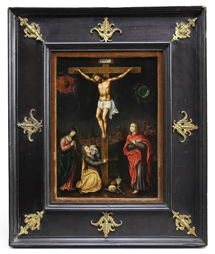 Duitse schilder 16e/17e eeuw – Schilderij "Maanlichtkruisiging", olie met lichte goudhoogten op houten paneel (eiken), 27,2 x 20,4 cm