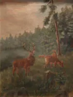 Artiste inconnu du 20e s., daims devant une clairière