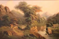 19世纪德国风景画家，带山间小屋和小瀑布的浪漫风景