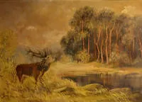 Deutscher Jagdmaler des 20. Jh., Röhrender Hirsch am Waldesrand