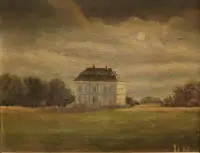 Onbekende 20e-eeuwse kunstenaar, landhuis voor de avondzon