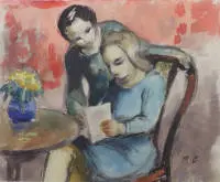 Onbekende kunstenaar 20e eeuw, moeder en kind bij het lezen