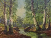 Deutscher Landschaftsmaler des 20. Jh., Landschaftsgemälde Birken am Bach