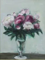 Ruth Heyder 1944, Pfingstrosenstrauß vor blauem Hintergrund