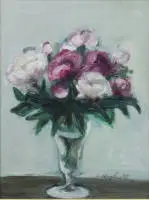 Ruth Heyder 1944, boeket pioenrozen op blauwe achtergrond