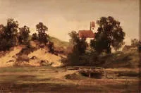 Paul Moralt 1849-1943，带山丘和教堂的秋景