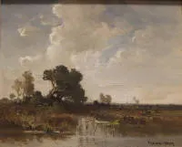 Fritz Halberg-Krauss 1874-1951，带牛的岸边风景