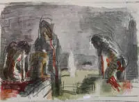 Dessin au crayon moderne, trois femmes et un homme, seconde moitié du 20e s.