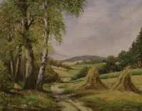 Peintre paysagiste allemand du 20e siècle, paysage du Harz avec meules de foin
