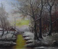 Hensel, Blick in eine verschneite Winterlandschaft mit Rehen