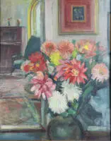 Kurt Mohr 1886 - 1973, Bloemenstilleven met interieur