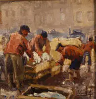 Peintre français du 20e siècle, marché aux poissons le matin