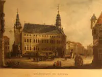 Ingekleurde lithografie, marktplein van Aken uit de 18e eeuw