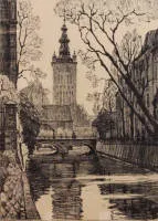 Lithografie stadsgezicht Danzig, eerste helft 20e eeuw