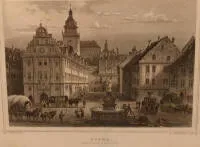 Litografie cu piața și primăria din Gotha, sec. XIX, germană