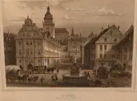 Lithografie van de marktplaats en het stadhuis van Gotha, 19e eeuw, Duits