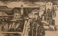 Unknown 20th-century artist, Viaduct in a Paris suburb