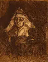 M. Merk artista del siglo XX, Anciana en la mesa