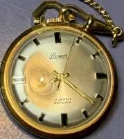 Mekanisk lommeur "Rexor" 17 rubiner, med dobbeltkæde, værk går, D-3,5 cm