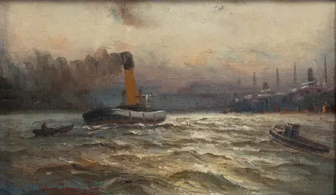 ALFRED JENSEN (1859-1935). Vapor și remorcher în portul Hamburg.