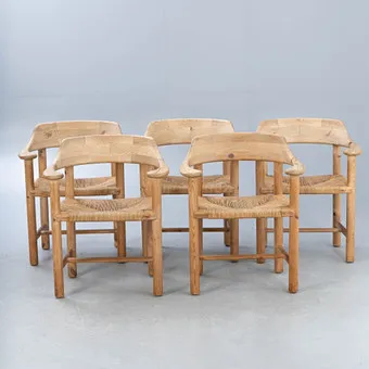 RAINER DAUMILLER。Hirtshals Savvaerk，五把椅子 / 餐椅，松木，纸绳，1970年代，丹麦（5）。