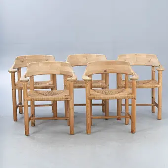 RAINER DAUMILLER. Hirtshals Savvaerk, cinco sillas / sillas de comedor, pino, cordón de papel, años 1970, Dinamarca (5).