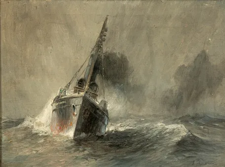 PAUL SCHRECKHAASE (1874-1912)。恶劣海况中的渔船蒸汽船。
