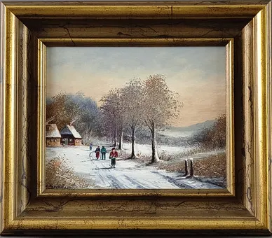 SEEKATZ, GÜNTER。冬季村庄街道与人物点缀，硬质纤维板油画。