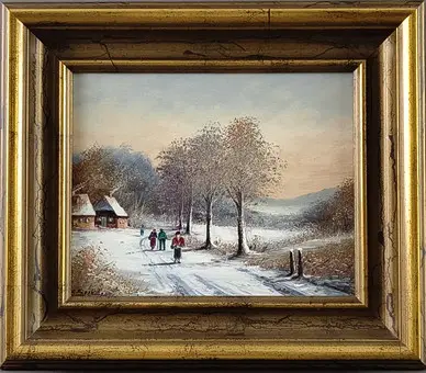 SEEKATZ, GÜNTER. Strada di villaggio invernale con figure, olio su fibra dura.