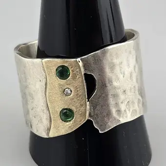 Massiccio anello da uomo bicolore - lavorazione artigianale, argento 925/000 e oro giallo 585/000