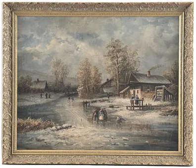 佚名艺术家。结冰河面上有人物的冬景，油画 / 画布裱于木板上。