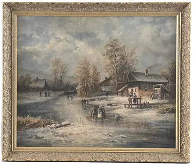 ARTIST NECUNOSCUT. Peisaj de iarnă cu figuri pe un râu înghețat, ulei / pânză aplicată pe lemn.