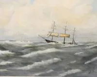 W. Müller '75，暴风雨海面上的帆船，布面油画，需修复，带框，框尺寸47 x 57厘米