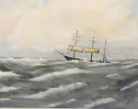 W. Müller '75, sejlbåd i stormfuldt hav, olie på lærred, trænger til restaurering, indrammet, rammemål 47 x 57 cm
