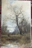 Gertrud Steinbach（1871-?），《堰边的拾柴者》，油画/木板，73x46厘米