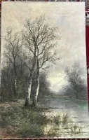Gertrud Steinbach (1871-?) 1892《池边白桦》油画/亚麻布，上边缘有小裂口，74x46 cm