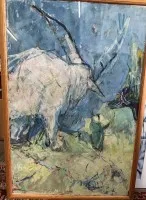 大画，混合技法《山羊》抽象混合技法，可能纸本，背面可能有题字，未开封，框 120x88 cm，大件物品！