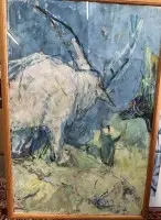 Stort bilde, mixed media "Geiter" abstrakt mixed media trolig på papir, muligens betegnet på baksiden, uåpnet, ramme 120x88 cm, spesialtransport!
