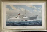 Kunstreproduktion/litografi "Port Brisbane" fragtskib, indrammet/glas, ramme 79x53 cm, plettet