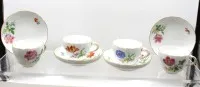 4个带茶碟的杯子，Meissen，剑标，"Bunte Blume"装饰，精细花卉绘画和金边，各为1级品，杯高6.5厘米