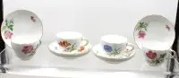 4 kopper med underskål, Meissen, sverdmerke, dekor "Bunte Blume", fin blomstermaling og gullkant, hver 1. sortering, kopper H-6,5cm