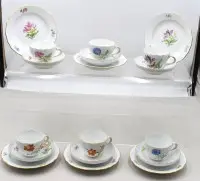 6 komplette kuverter, Meissen, sverdmerke, dekor "Bunte Blume", fin blomstermaling og gullkant, hver 1. sortering