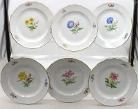 6个平盘，Meissen，剑标，«Bunte Blume»装饰，精细花卉彩绘和金边，均为1等品，直径25厘米