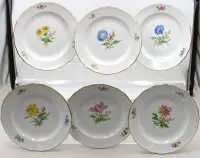 6 flate spisetallerkener, Meissen, sverdmerke, dekor «Bunte Blume», fin blomstermaling og gullkant, 1. sortering, D-25cm