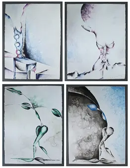 Heinz Dieter Ebert. 4 x technique mixte, format portrait, signé, années 1990, env. 50 x 65 cm.