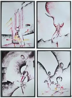 HEINZ DIETER EBERT。4 件混合技法，竖幅，签名，1990年代，约 50 x 70 厘米。