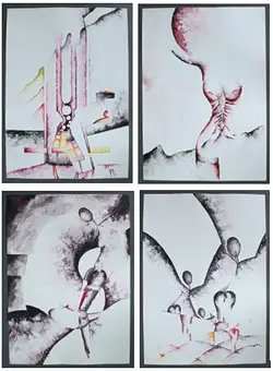 Heinz Dieter Ebert. 4 x technique mixte, format portrait, signé, années 1990, env. 50 x 70 cm.