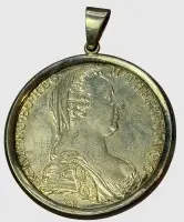 Møntvedhæng, sølv, Maria Theresia-daler, dateret 1780, D-4,5 cm, 36,18 cm