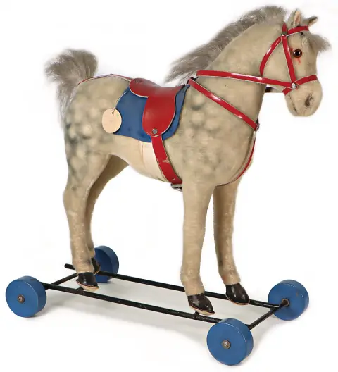 STEIFF – Cheval, cheval pommelé sur roues en bois bleues