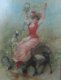 JULES CHERET (1836-1932). ATTRIBUTED. Oil on panel, ''Young lady with goats'' 19th century.